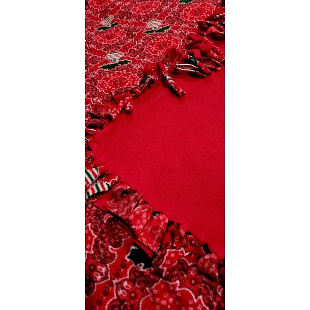 Homemade Reversible Christmas Tie Blanket. Solid Red/decorated Side Warm. Fleece